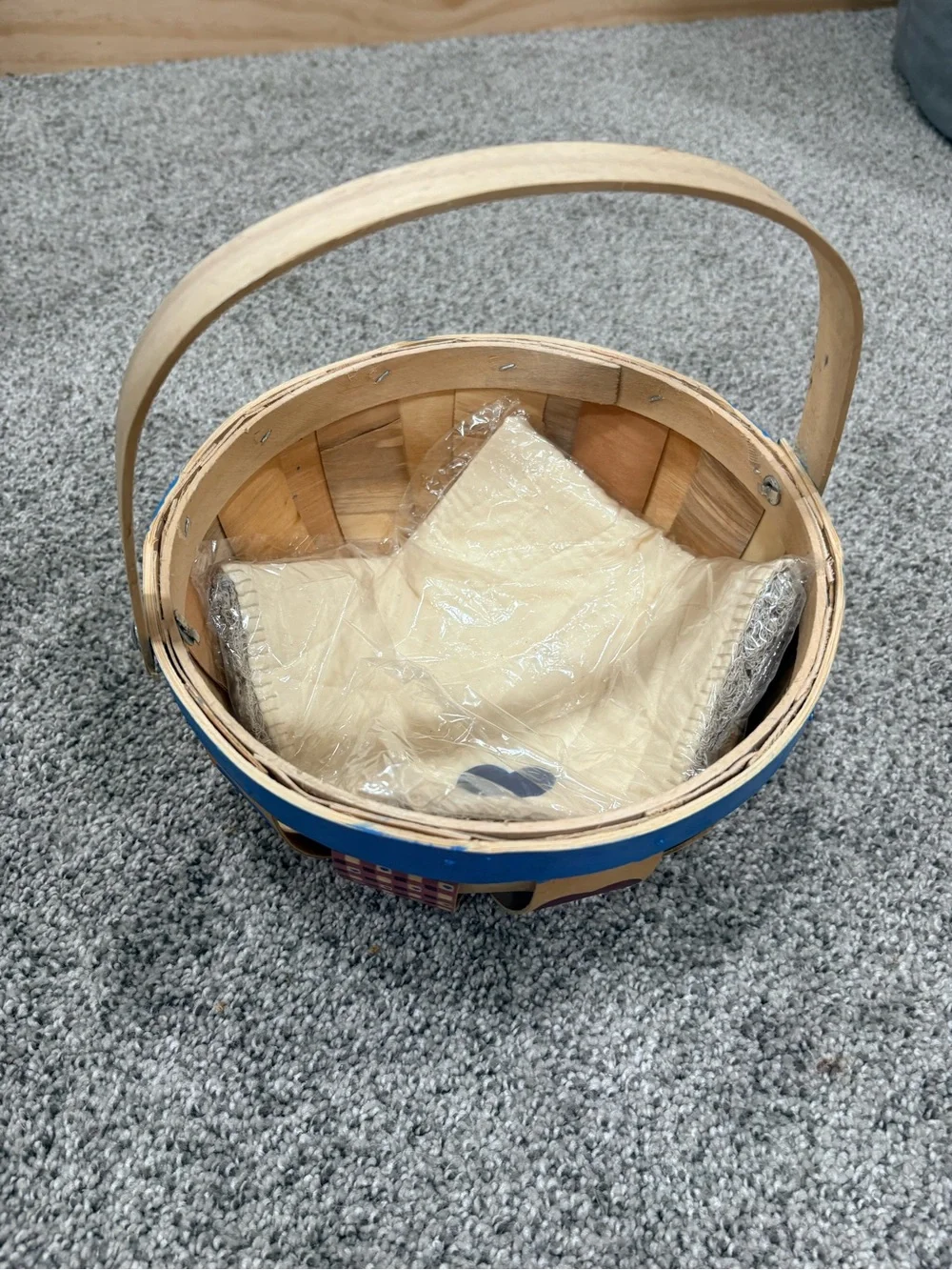 NWT Handcrafted Wooden Heart Basket with Blue Accent